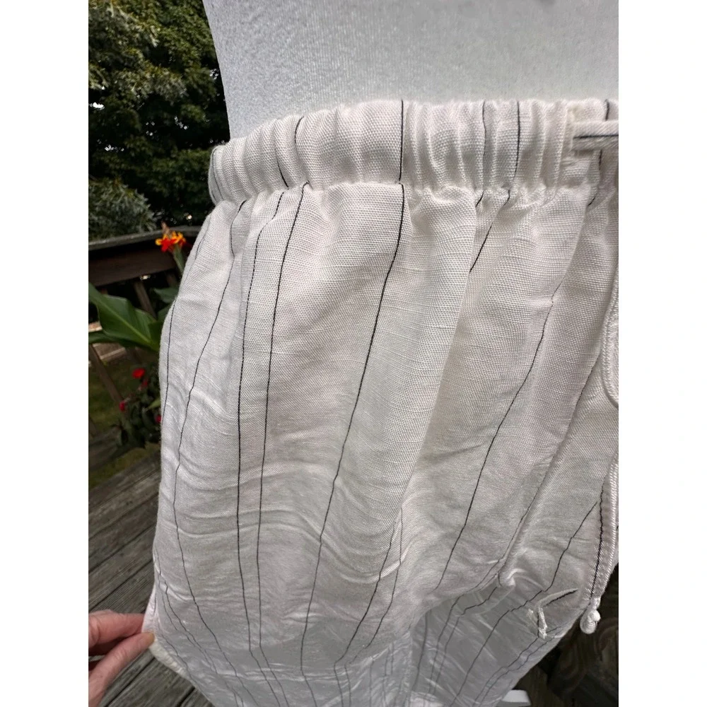 H&M Women White Striped Linen Blend Wide Leg Drawstring Pants Size S